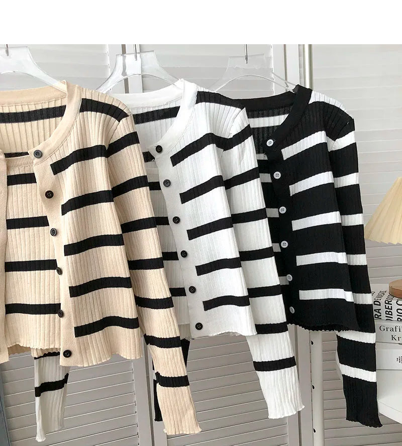Hnewly  Women's Striped Knitting Cardigan Single Breasted Long Sleeved Sweater+Spaghetti Straps Vest Spring Autumn Korean Top 2pcs