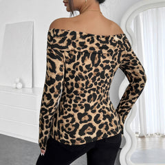 Hnewly  Ladies' sexy leopard print off-the-shoulder long-sleeved T-shirt top