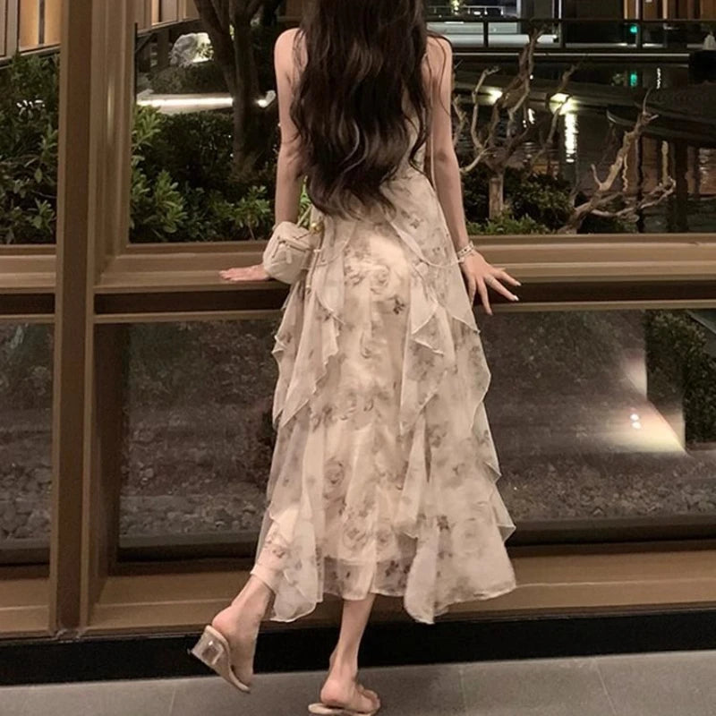 Hnewly Elegant Holiday Dresses for Women Long Floral Chiffon Midi Dress Sleeveless Vintage Dress Fairy Slim Party Casual