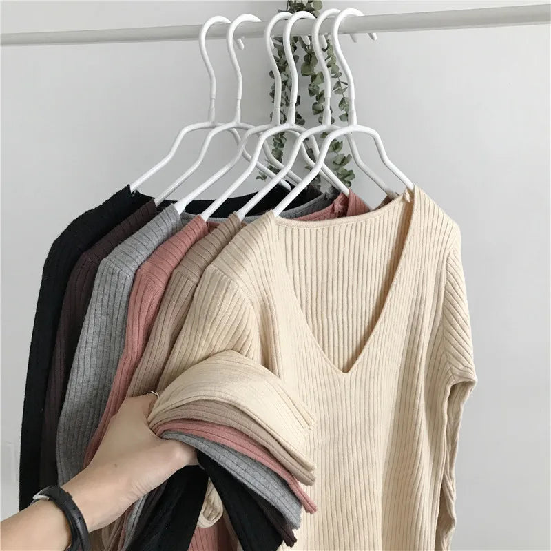 Hnewly  Rib-knit Long Sleeve Top for Women Soft Stretchy V-neck Fitted Knit Top Sweater Pullover Ladies Autumn Winter Layering Outfit