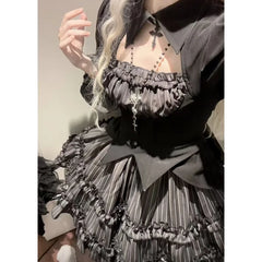 Hnewly Gothic Black Lolita Sets Women Casual Y2k Crop Top Blouse + Plaid Mini Skirts Japanese Kawaii 2 Piece Sets Vintage Clothing Chic