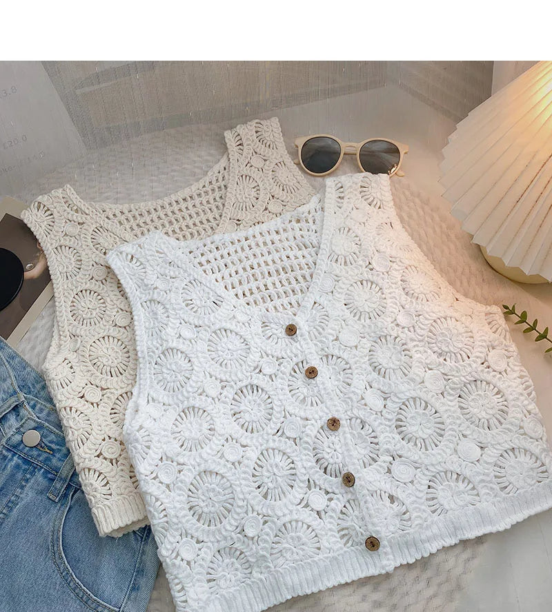 Hnewly Women Summer Hollow Out Knit Vest French Style V-Neck Sleeveless Hooked Flower Sweater 2023 New All-Match Outwear Short Top