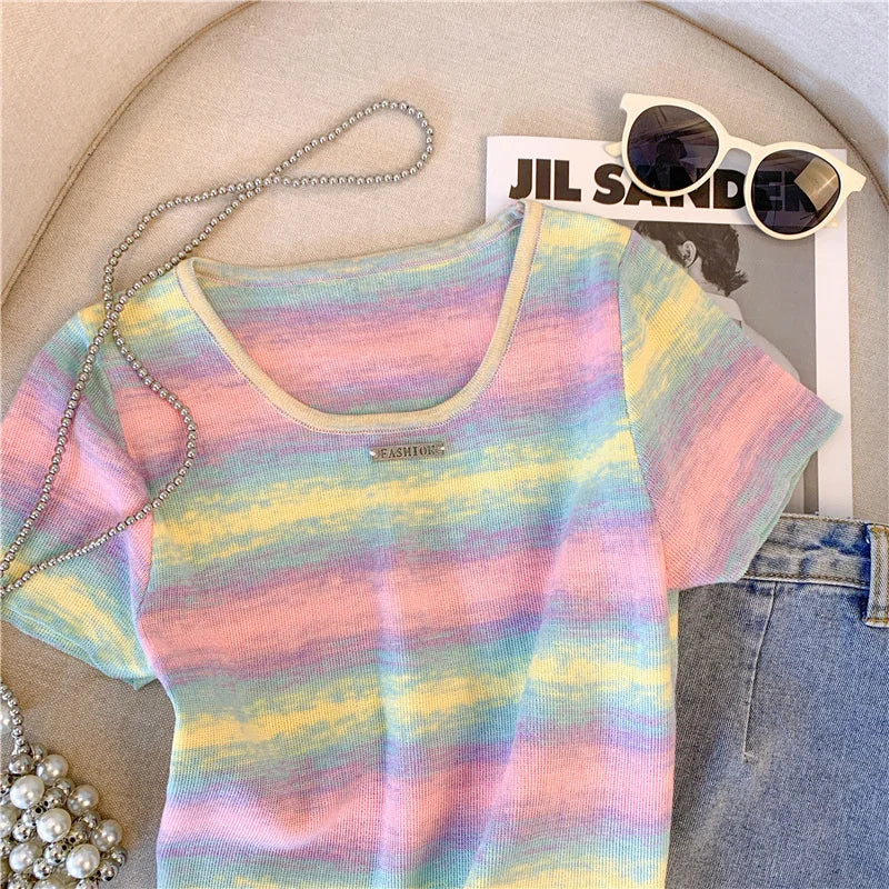 Hnewly  Contrast Striped T-shirt For Women's Summer Knitted Short Sleeved Tee  Cool Girls Fashion High Street Square Collar Short Top