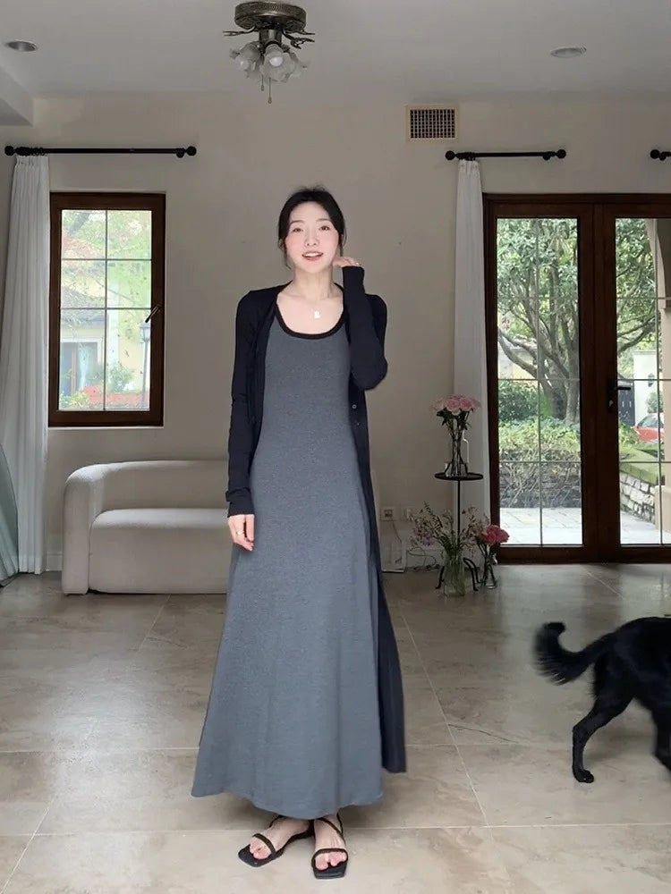 Hnewly Lazy Fashion V-neck Black Cardigan Mujer Y2k E-Girl Long Sleeve Sun Protection Coat Women Mid-length All-match Tops Dress