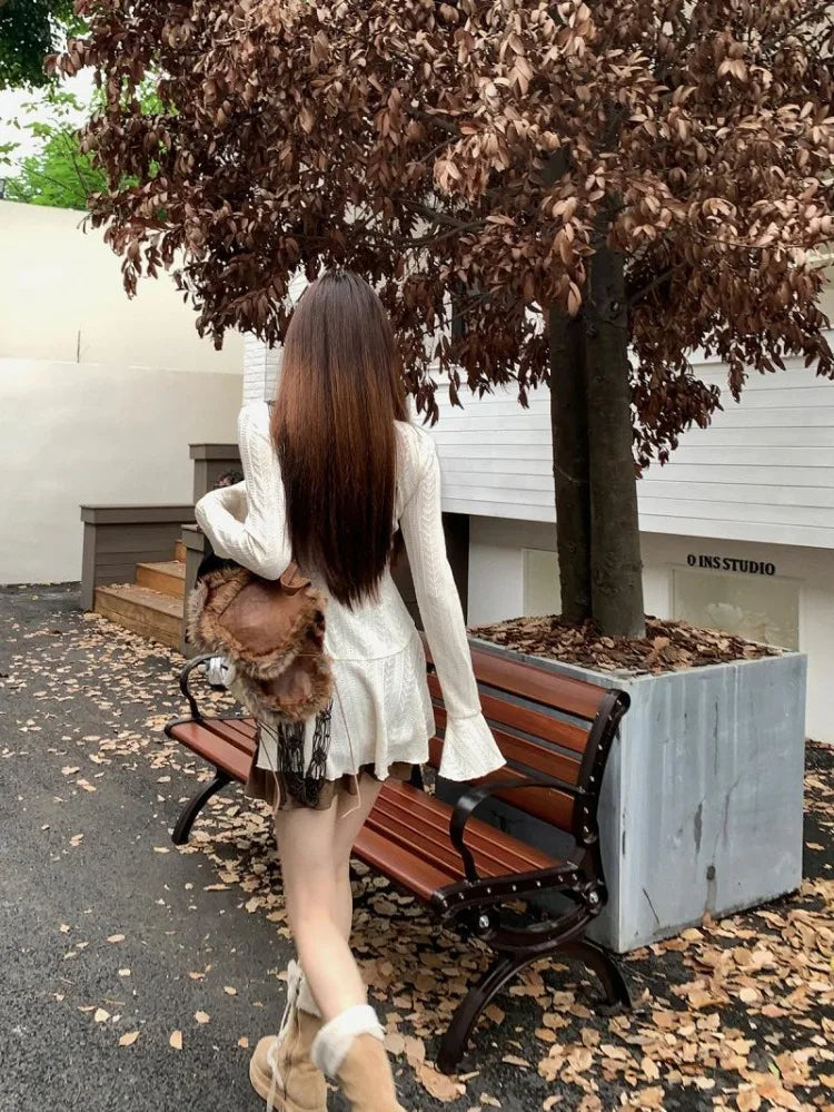 Hnewly American Retro Slim Fit Camisole Dress for Women+ Ruffles Long Sleeve Knitted Cardigan 2024 Autumn New Two Piece Sets
