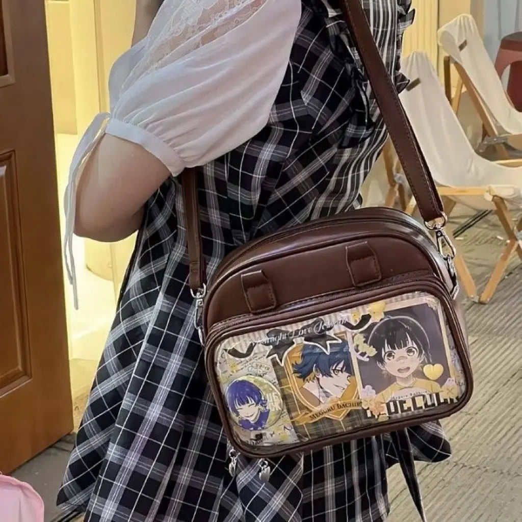 Hnewly  Cute Anime Transparent Pin Display Ita Bag Women PU Leather Small Capacity Bowling Handbag Ladies Coffee Versatile Crossbody Bag