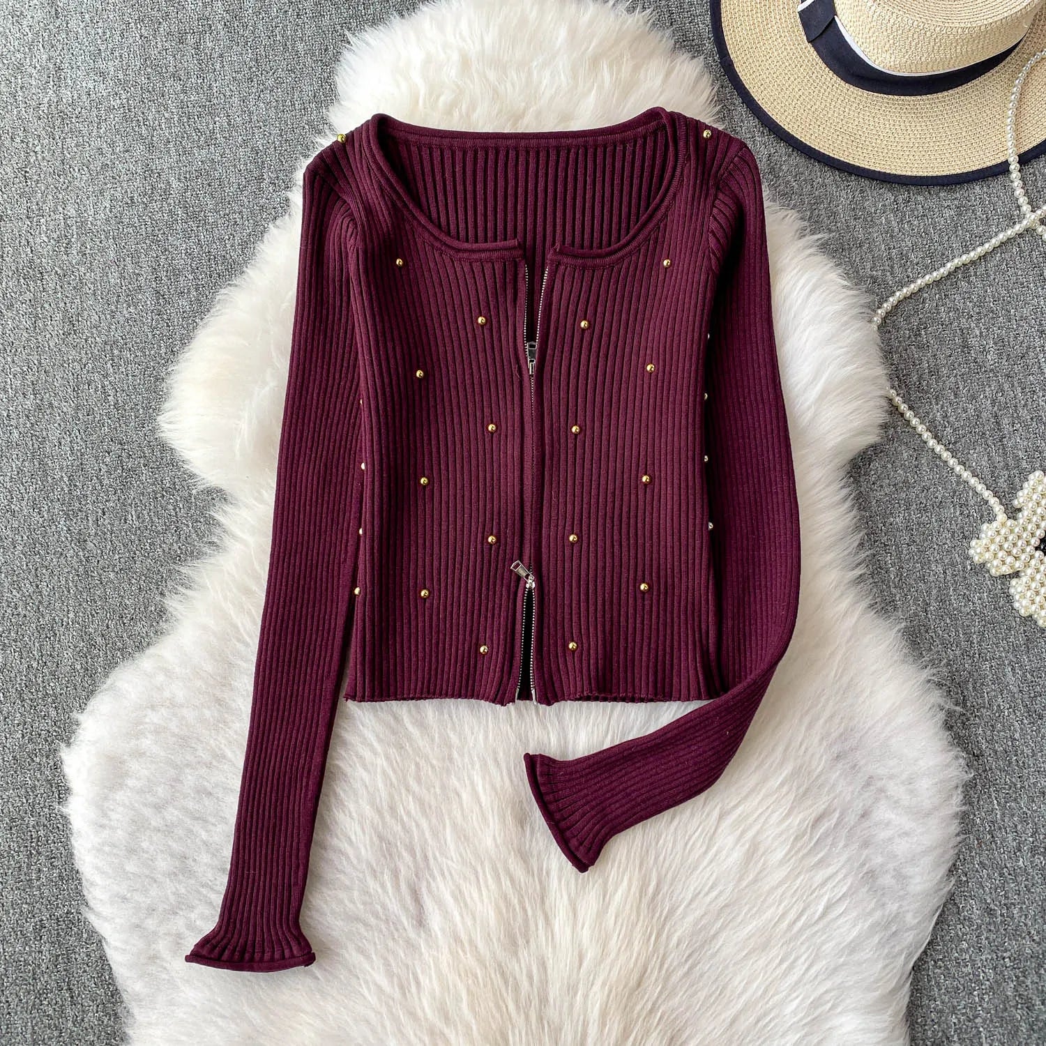 Hnewly  Beading Knitted Striped Zippered Sweater Cardigan Women's Spring Autumn O-Neck Top New Loose Harajuku Long Sleeved Outwear