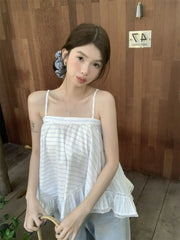 Hnewly  Striped Camis Women Lace Patchwork Summer Fashion Loose Slash Neck Chic Sweet Tank Tops Female Casual Backless
