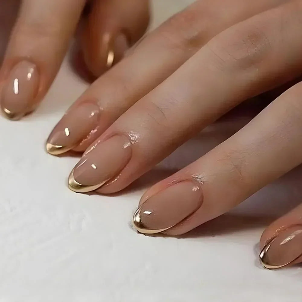 Hnewly 24Pcs French Gold Edge Wearable Almond Press on Fake Nails Simple Pearl Decoration False Nails with Glue Full Over Manicure Tips