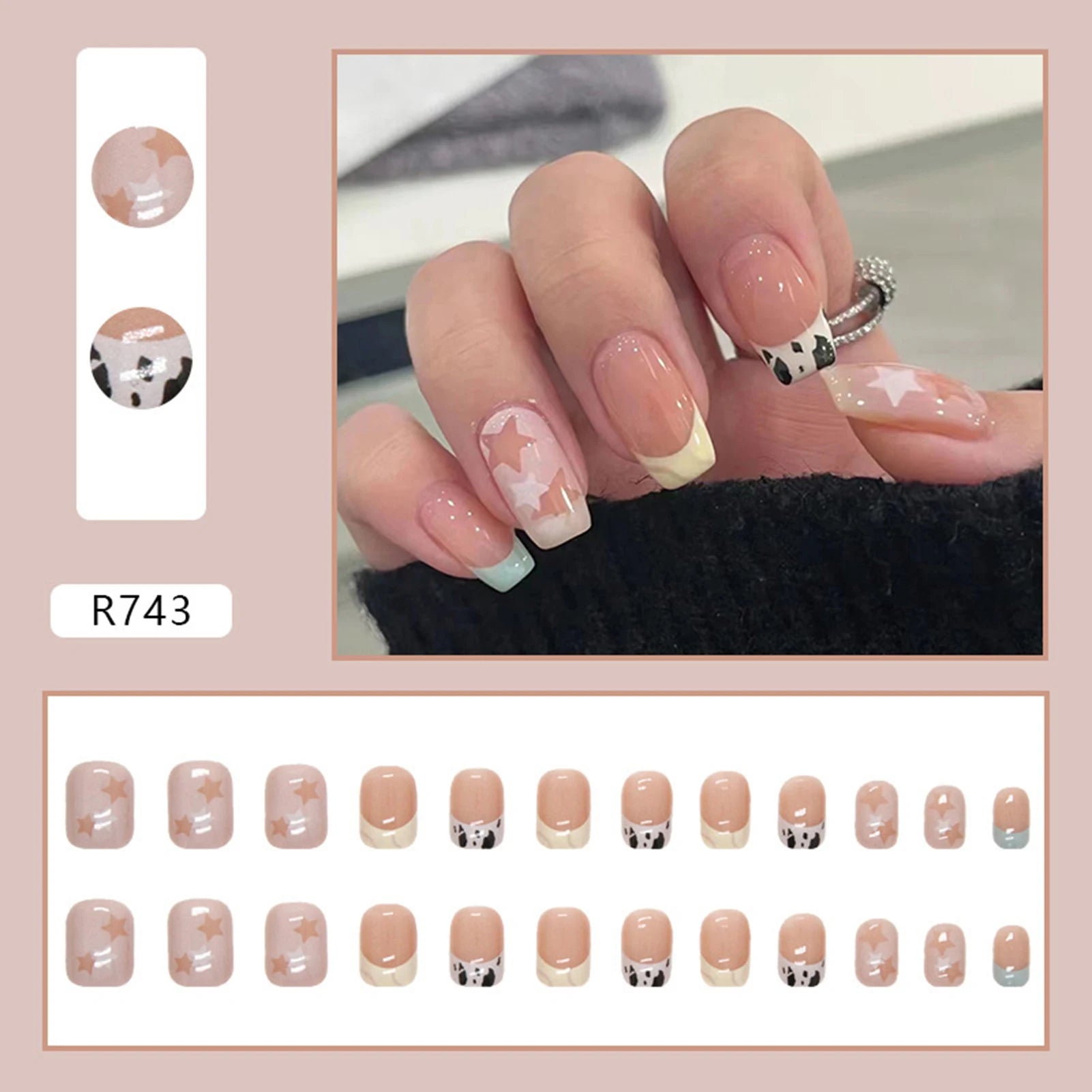 Hnewly 24pcs Gradient False Nails Cute Star Printed Design Fake Nail Short Square Faux Ongles Manicure Nail Stickers Press On Nail Tips