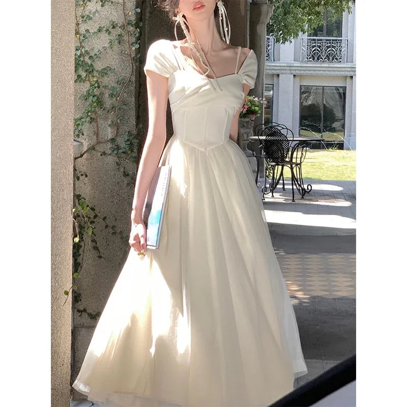 Hnewly  Summer Sweet Elegant Formal Dress Women Lace Beach Style Causal Party Midi Dress Female Slim One Piece Dress Korean Vintage