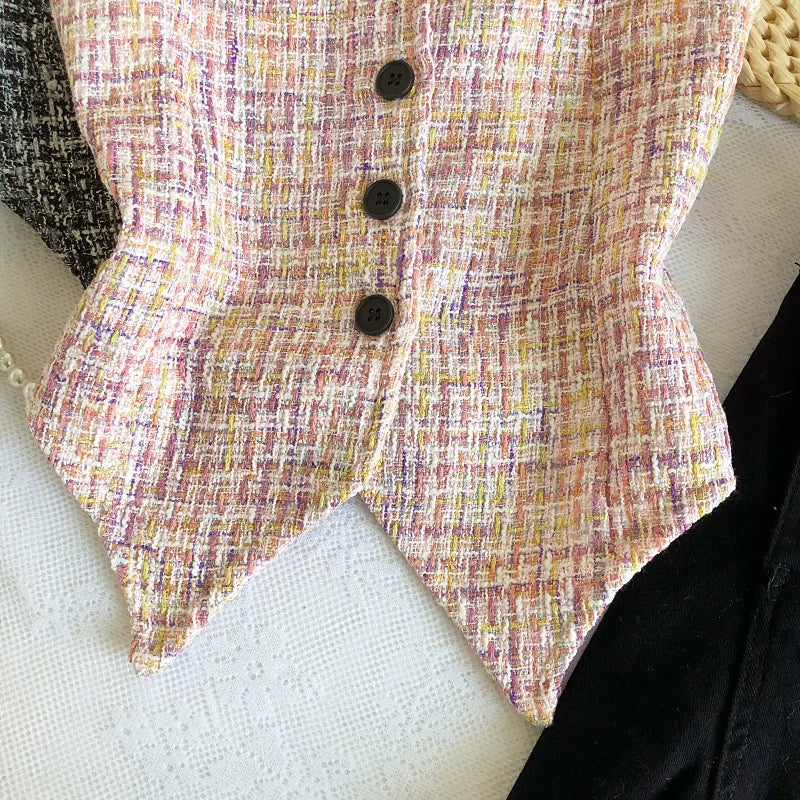 Hnewly  Retro Tweed Vest Elegant Off Shoulder Strapless Slim Irregular Short Top Women's Spring Summer Single Breasted Sleeveless Tank