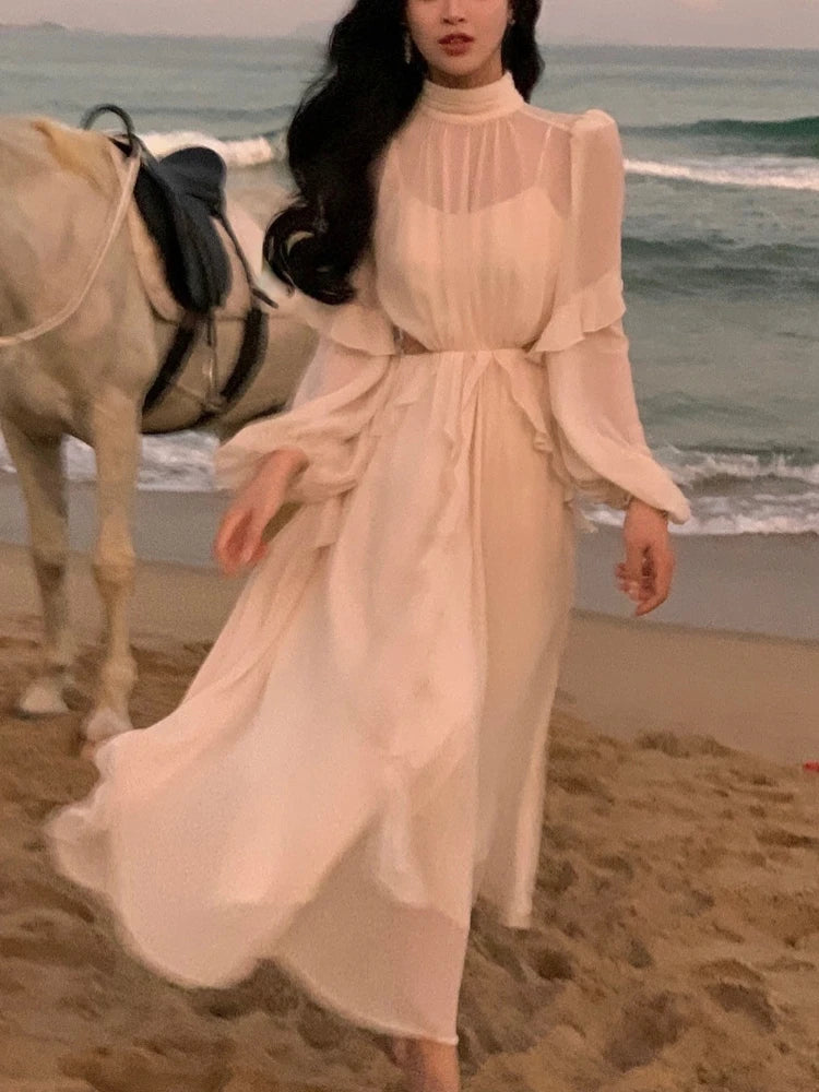 Hnewly Beach Style Chiffon Y2k Mini Dress Office Lady Casual Long Sleeve Elegant One Piece Dress Korean Fashion Clothing Summer