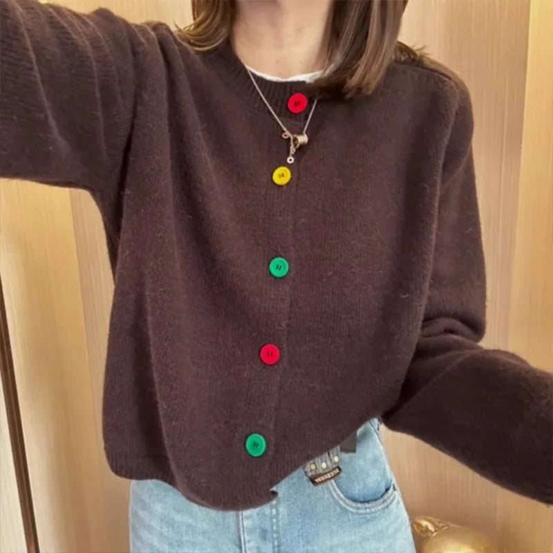 Hnewly  Rainbow Single Breasted Sweater O-neck Knitted Cardigan Korean Sweet Spring  Autumn New Lazy Style Long Sleeve Pink coat
