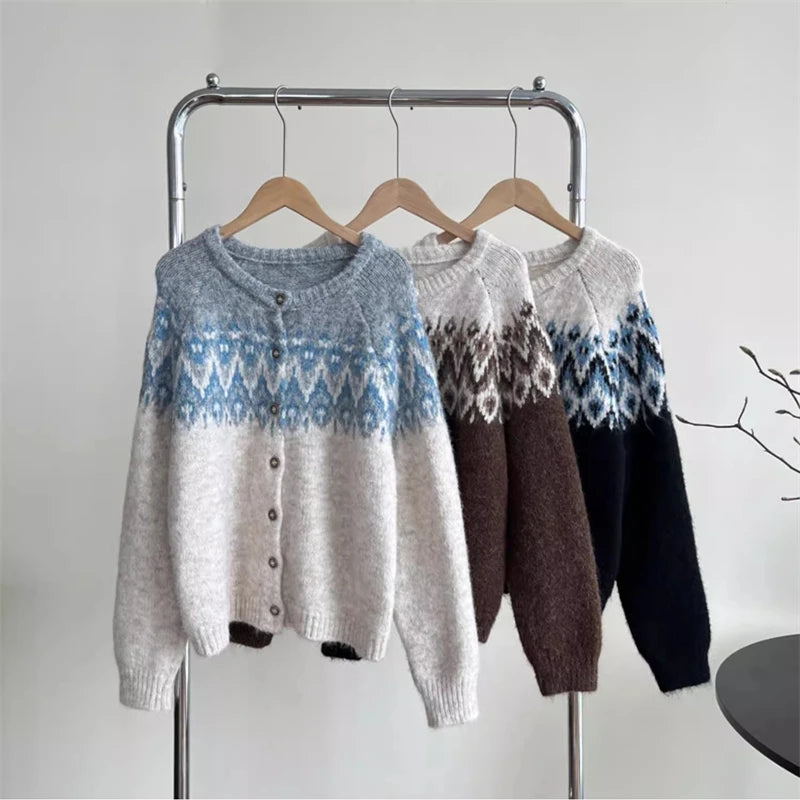 Hnewly  Vintage Fair Isle Knitted Cardigan for Women Cozy O-Neck Button Down Sweater Jacket Fall Winter Korean Style Christmas Sweater