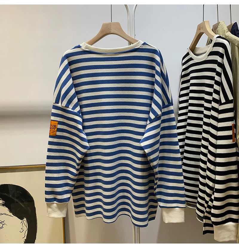 Hnewly  Spring Autumn Striped Sweatshirts  Women Casual Loose Long Sleeve Tops Korean Style Trend All-Matched Pullovers