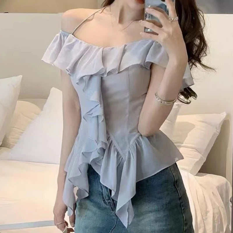 Hnewly Elegant 2 Piece Skirt Sets Summer French Harajuku Y2k Crop Tops Blouse Chiffon Shirt Straight Neck Sexy Slim Denim Skirts