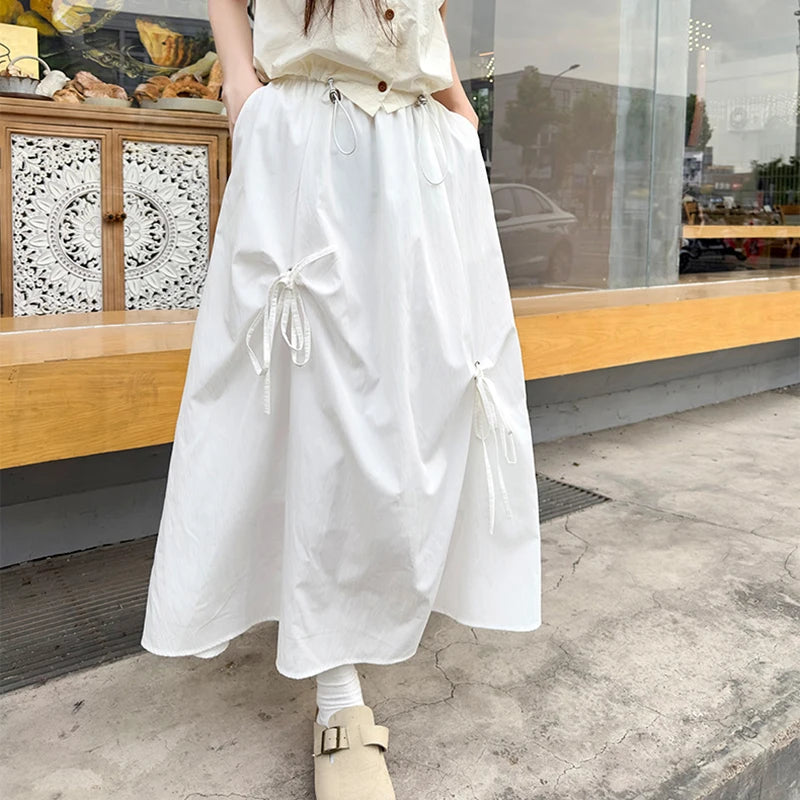 Hnewly  Korean Bowknot A Line Cargo Skirt Women Summer Elastic Waist Oversized Long Skirts Woman Streetwear Y2K Midi Skirt Female