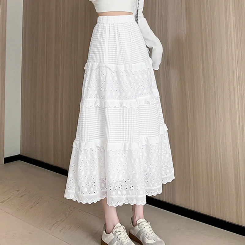Hnewly  New Lace Pleated Skirts for Women Spring Autumn White Hollow High Waist Skirts Woman Elastic Waist A-Line Skirt Mujer
