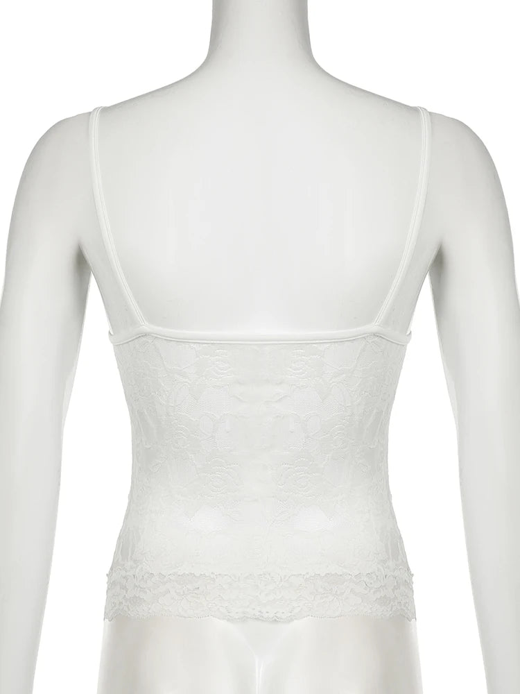 Hnewly Sexy Slim Lace Camis Top See Through Solid Slash Neck Sleeveless Tank Tops Women 2024 Summer Fashion Streetwear Ladies