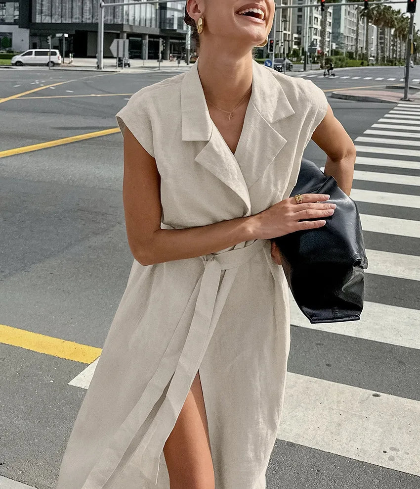 Hnewly Spring Summer Fashion New Long Dress Elegant French Style Cotton Linen Suit Collar Belt Office Lady Dress