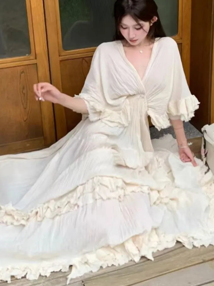 Hnewly Women's Ruffles Fairy French Dress V-Neck Full Skirt Short Sleeves Long Dressses Beach Holiday Vestidos 2025 Summer Fashion New