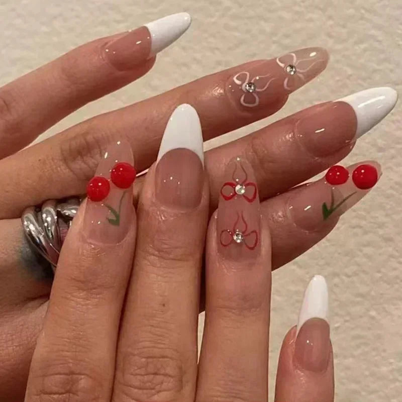 Hnewly 24Pcs Pink Almond French Press on Nails With 3D Bow ripple charms Design Fake Nails Ballerina False Nails Full Cover Nail Tips