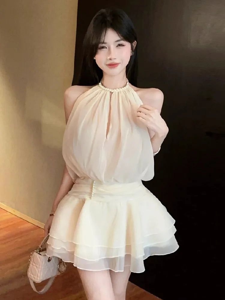 Hnewly  Mini Dresses Women Pearl Halter Sleeveless Bandage Slim Backless Hollow Out Sweet Elegant Party Dress Female Casual