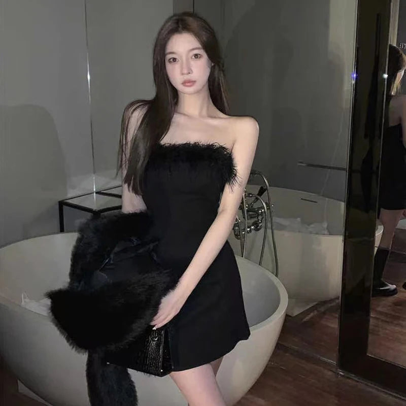 Hnewly Mini Strapless Dresses Sexy Celebrity One Neck Fur Chest Little Black Dresses New Temperament Slim Package Hip Dresses
