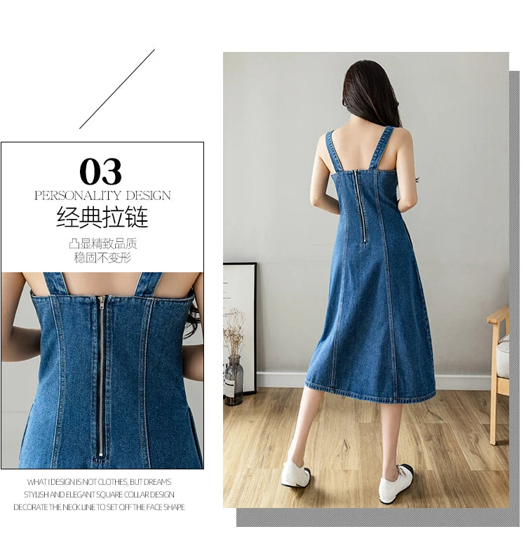 Hnewly  Denim Spaghetti Strap Dress New Summer Women's Retro Strap A-Line Dress Classic Blue Tea-Length Versatile Slim Sun Dresses