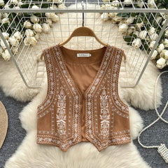 Hnewly  Bohemian Style Retro Sleeveless Vest Women's Autumn Embroidery V-neck Temperament Top Versatile Short Cardigan Jacket
