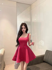 Hnewly  Woman Dress Sleeveless Bow Square Collar Summer Fashion Elegant Backless Vintage Sexy Mini Dresses Party Female