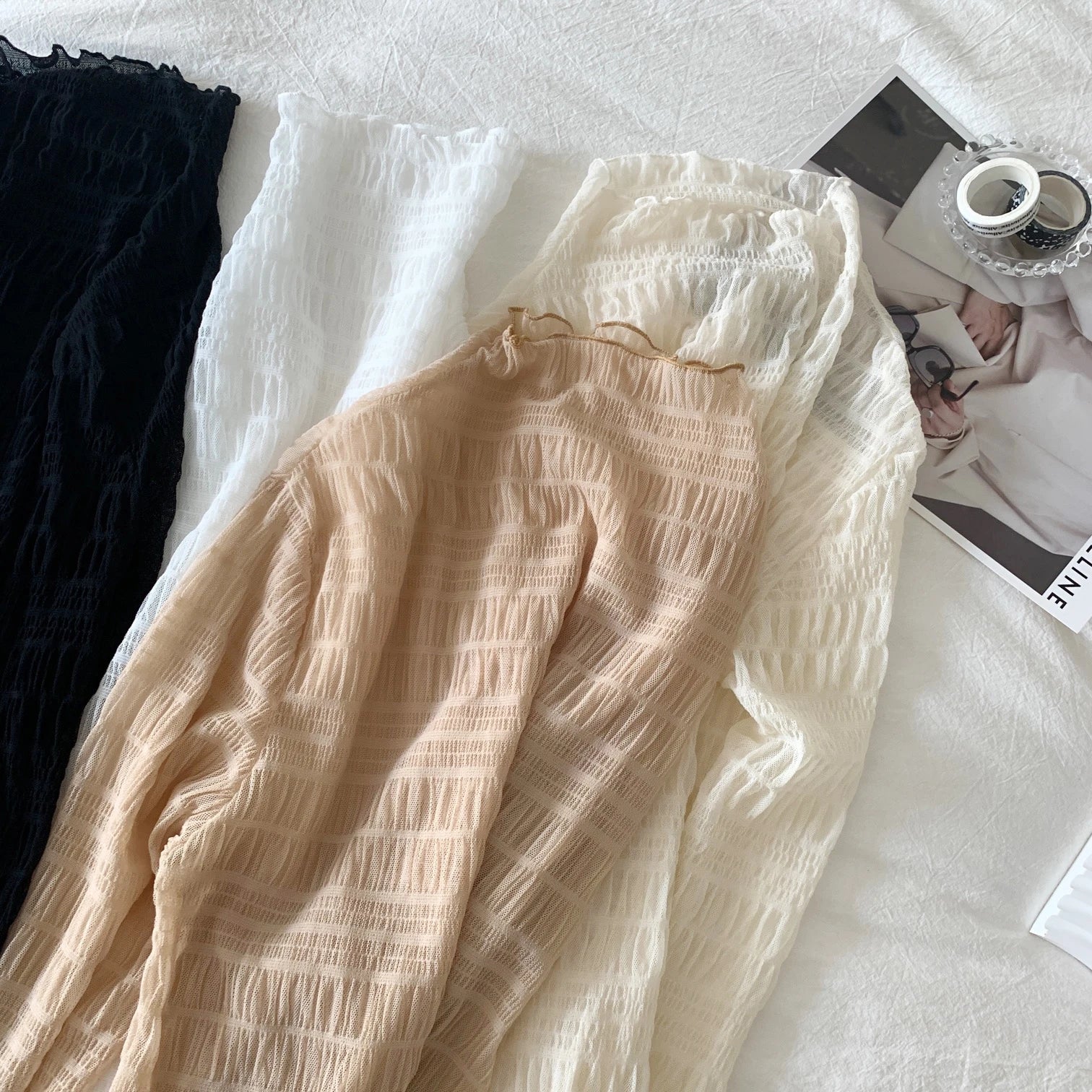 Hnewly Women T-Shirts Vintage Pleat Long SleeveTop Spring Autumn Mesh Fabric Lace Half Turtleneck Korean Fashion All-match Shirt