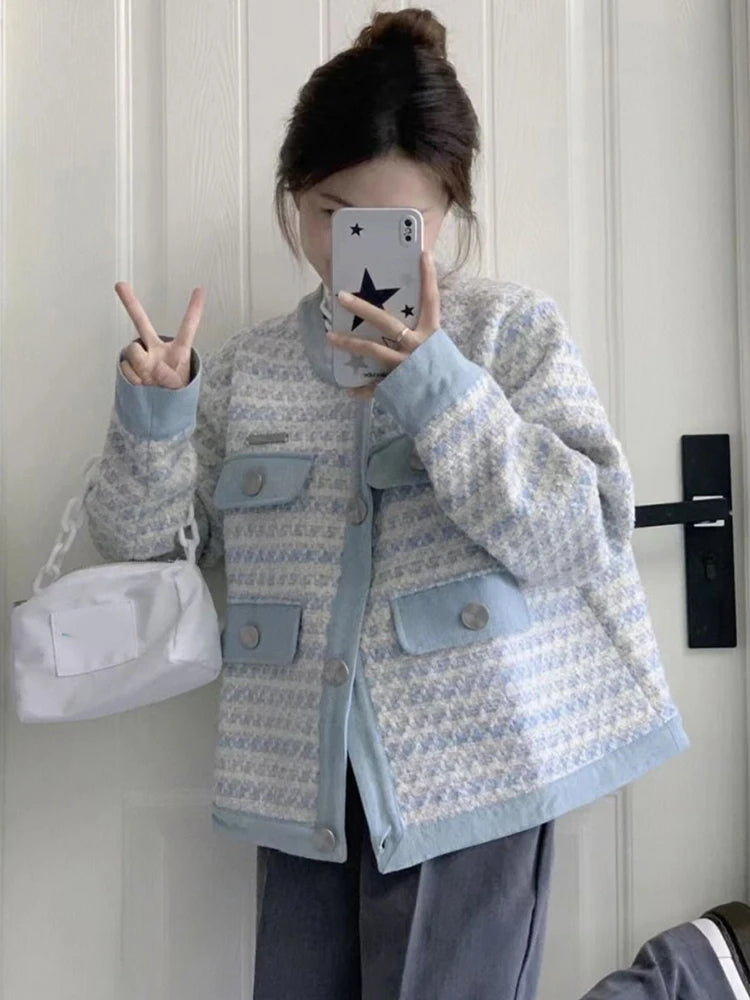 Hnewly  Fall Women Sweet Tweed Jacket Vintage Casual Long Sleeve Elegant Coat French Cute O Neck Women Fall Winter Retro Tops New