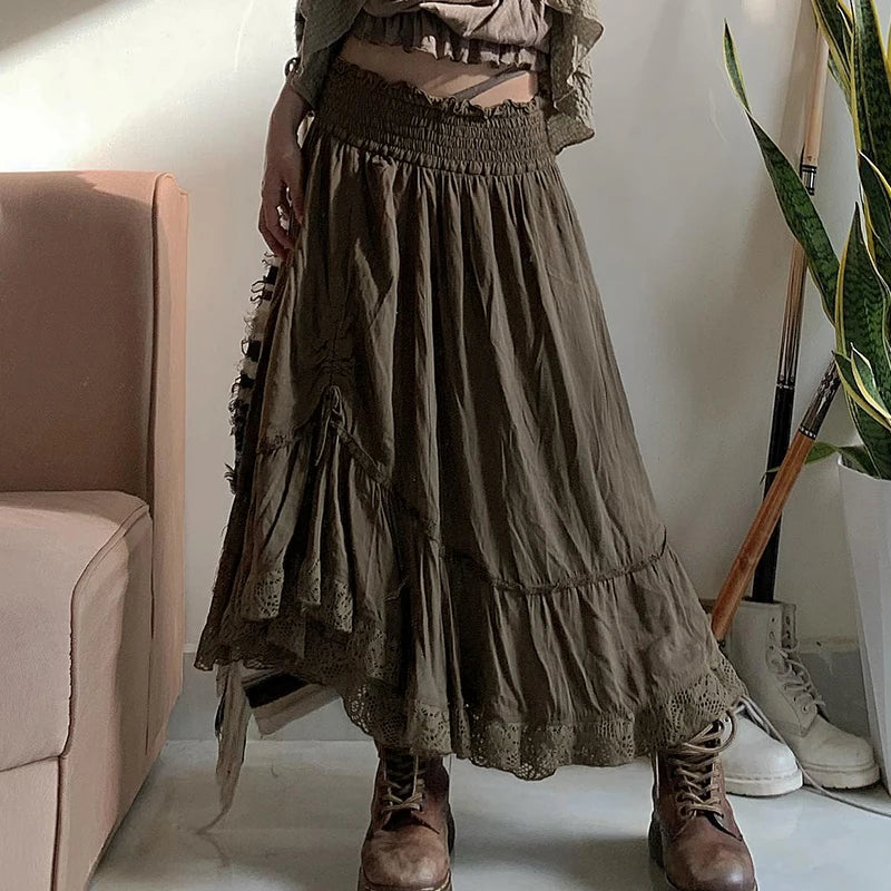Hnewly Grunge y2k Loose Skirt Vintage 2000s Drawstring Elastic High Waist Baggy Loose Skirts for Women Harajuku Ladies Clothing