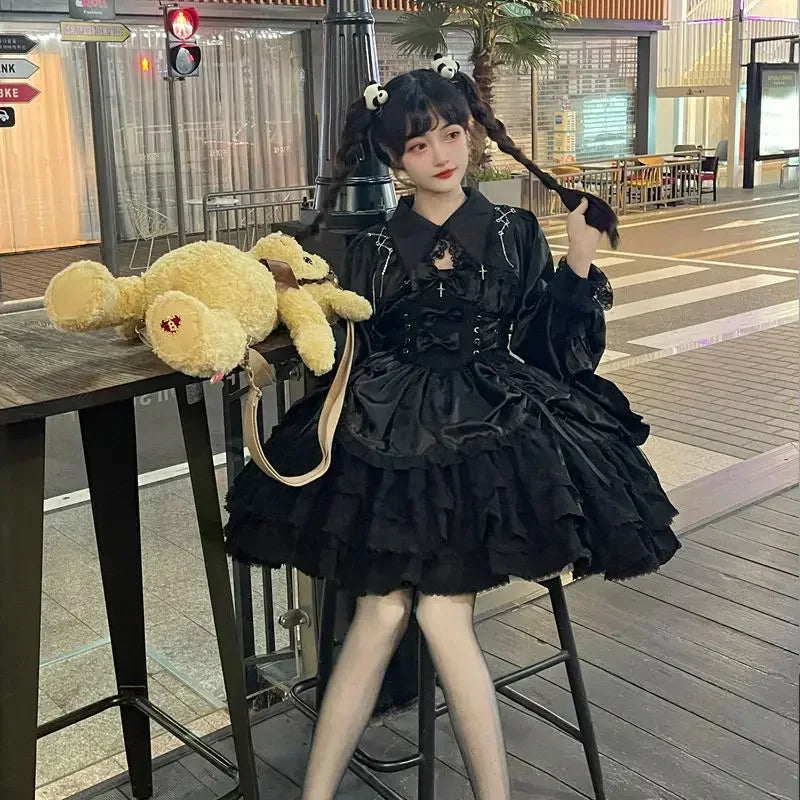 Hnewly Japanese Victorian Gothic Lolita Dress Women Punk Style Sweet Lace Bow Eveing Party Dresses Harajuku Y2k Cosplay Princess Dress