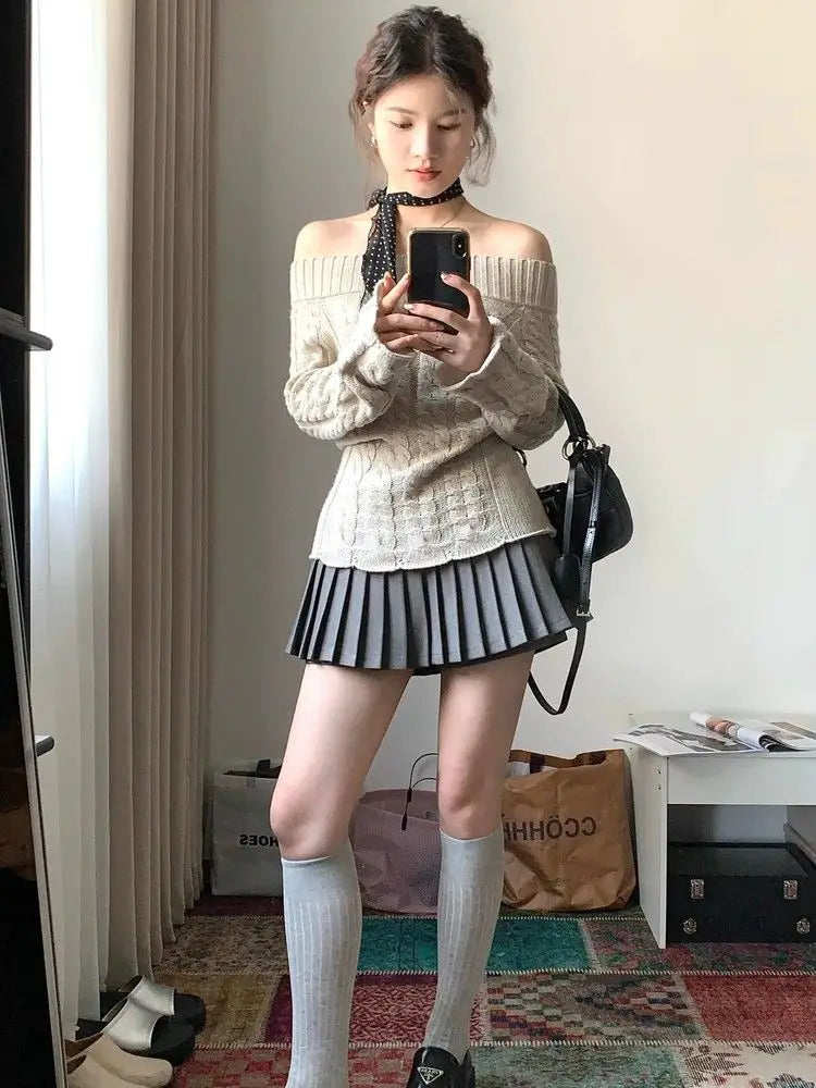 Hnewly Korean Style Sexy Off Shoulder Sweater Women Sweet Elegant Long Sleeve Knitted Pullover Cute Fashion Slim Up Sweaters