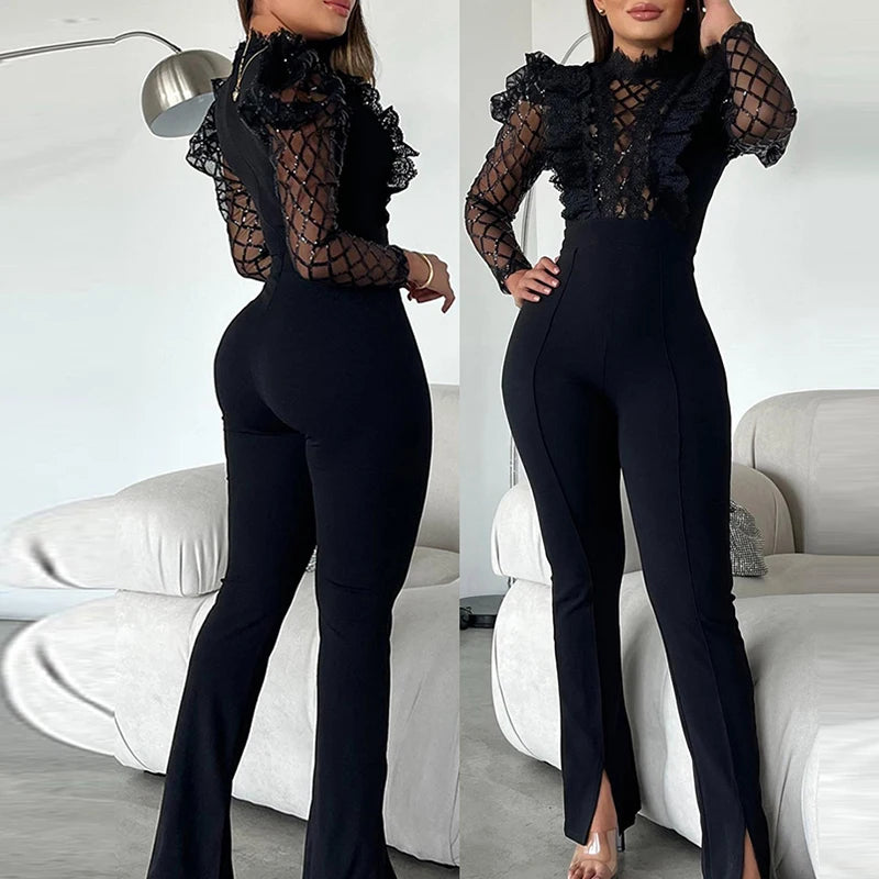 Hnewly Sexy Perspective Slim Pencil Pants Jumpsuit Casual Autumn Long Sleeved Playsuit Ladies Elegant Lace Mesh Club Party Romper