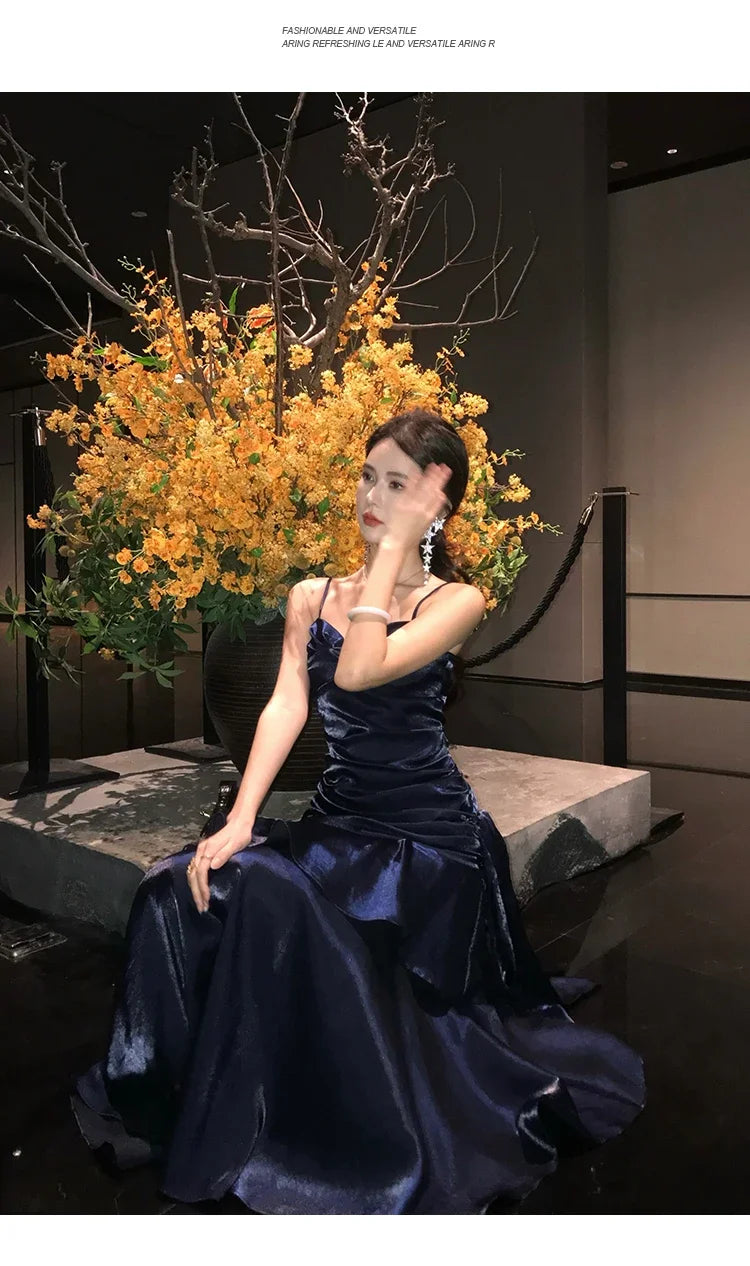 Hnewly Women Blue Elegant Sexy  Long Dresses French  Pleated Slip Sleeveless Prom Vestidos Birthday Evening Party Dress