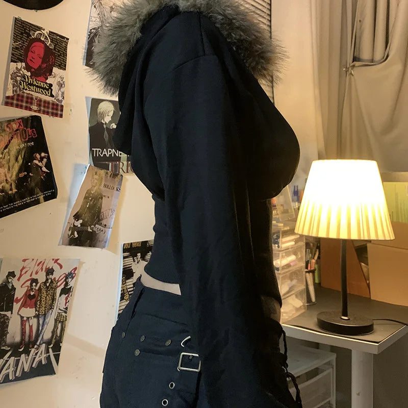 Hnewly y2k Jacket Women Punk Gothic Clothes Solid Color Fur Collar Zip Up Long Sleeve Coat 2000s Grunge Clothing Streetwear
