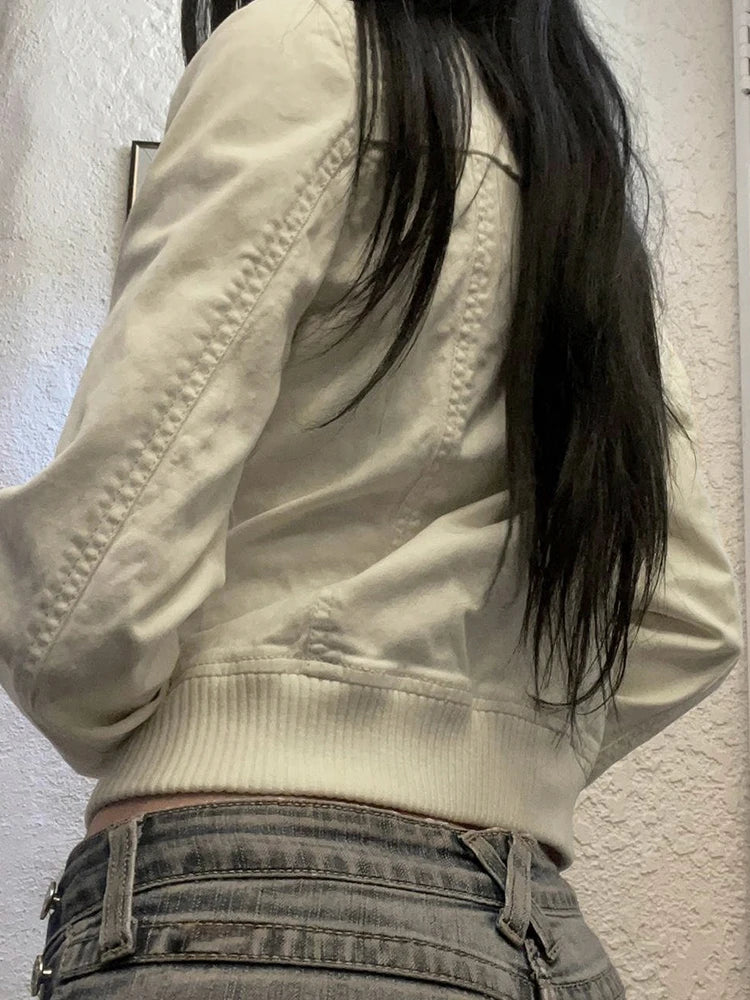 Hnewly Vintage Cropped Jackets for Women Harajuku Casual Slim Fit Zipper Coat Y2K Streetwear Long Sleeve Outerwear Autumn