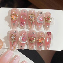 Hnewly 10Pcs Handmade Press on Nails Long Ballet Blue Fake Nails with 3D Ocean Moon Rhinestone Design False Nails Full Cover Nail Tips