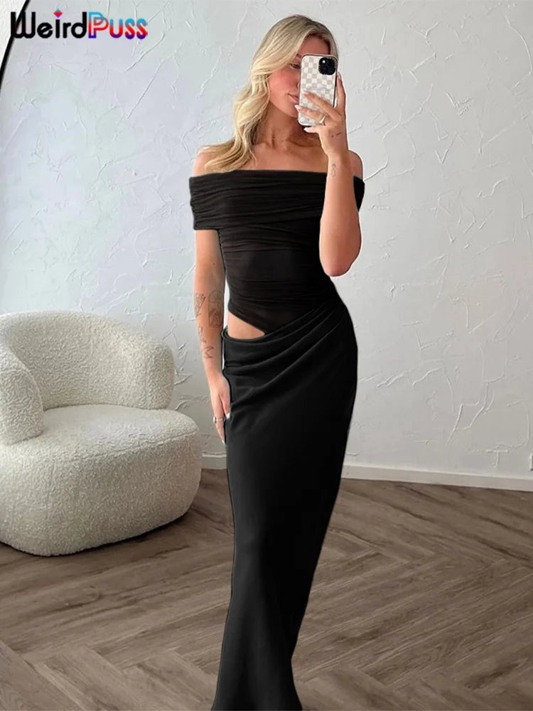 Hnewly  Ruched Irregular Dress Women Mesh Patchwork Slash Neck Short Sleeve Skinny Stretch Trend Elegant Long Bodycon Outfits