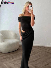 Hnewly  Ruched Irregular Dress Women Mesh Patchwork Slash Neck Short Sleeve Skinny Stretch Trend Elegant Long Bodycon Outfits