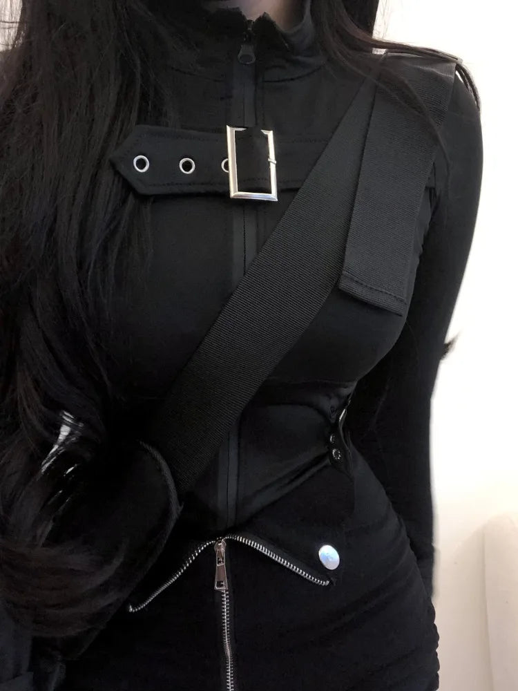 Hnewly Summer New Slim Fit Zipper Long Sleeve Black Tops Women+ Drawstring Ruched High Waist Shorts Y2k E-Girl Two Piece Sets