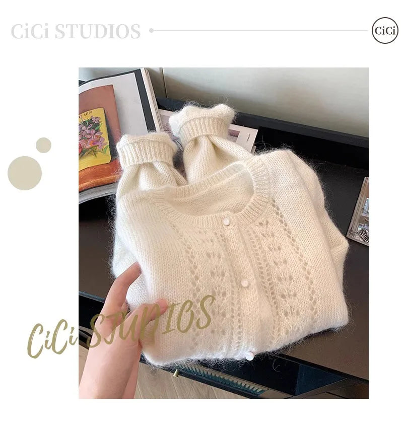 Hnewly  Elegant Hollow Out O-neck Sweater Soft Short Knitted Cardigan Women's Spring Autumn 2025 New Korean Long Sleeved Jacket