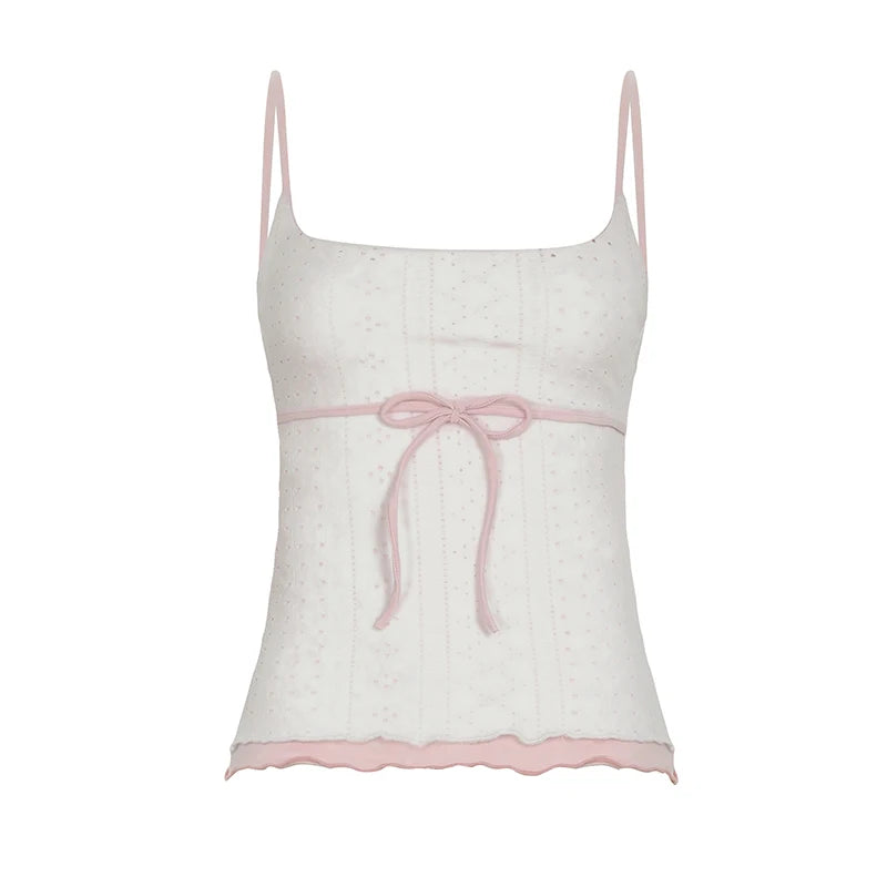 Hnewly Sweet Contrast Pink Camisole Cute Coquette Lace-up Bow Patchwork Cropped Top Summer Casual y2k Skinny Tee Fairycore Women
