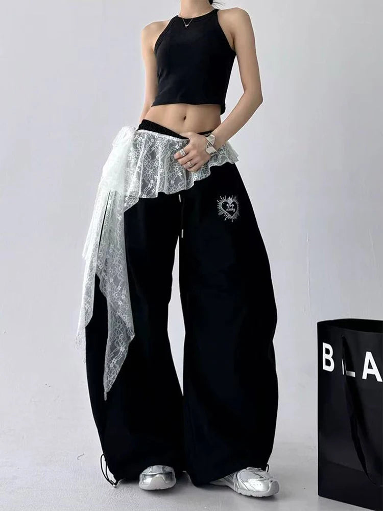 Hnewly Korean Irregular Lace Women Mini Skirts Y2K High Waist Lace Up Embroidered Flower Split Skirts Fashion Streetwear Ruffles Skirts
