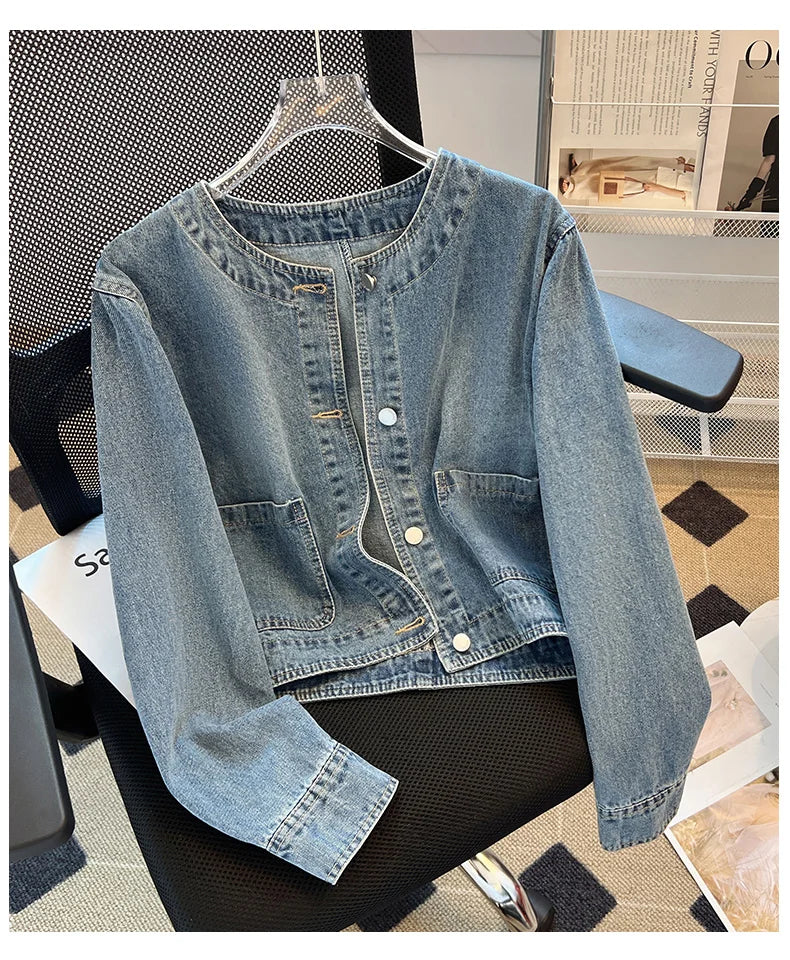 Hnewly  Light Blue Retro Denim Jacket Women's Spring Single Breasted Loose Cardigan Short Top Autumn O-Neck Long Sleeve All-Matched Top