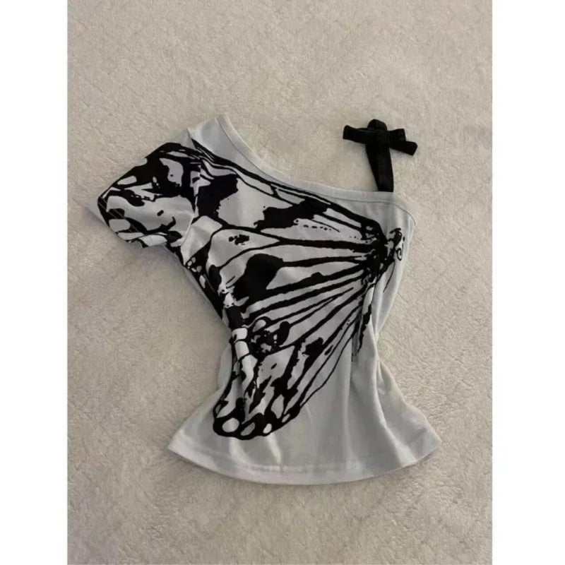 Hnewly Summer Fake Two Pieces Halter Bandage Vintage T-shirts Y2k Aesthetic Slim Crop Tops Women Grunge Print Harajuku Casual Sexy Tee